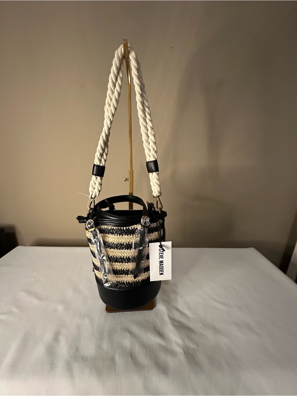 Steve Madden Black and Natural Striped Woven Bucket Bag with Rope Strap
